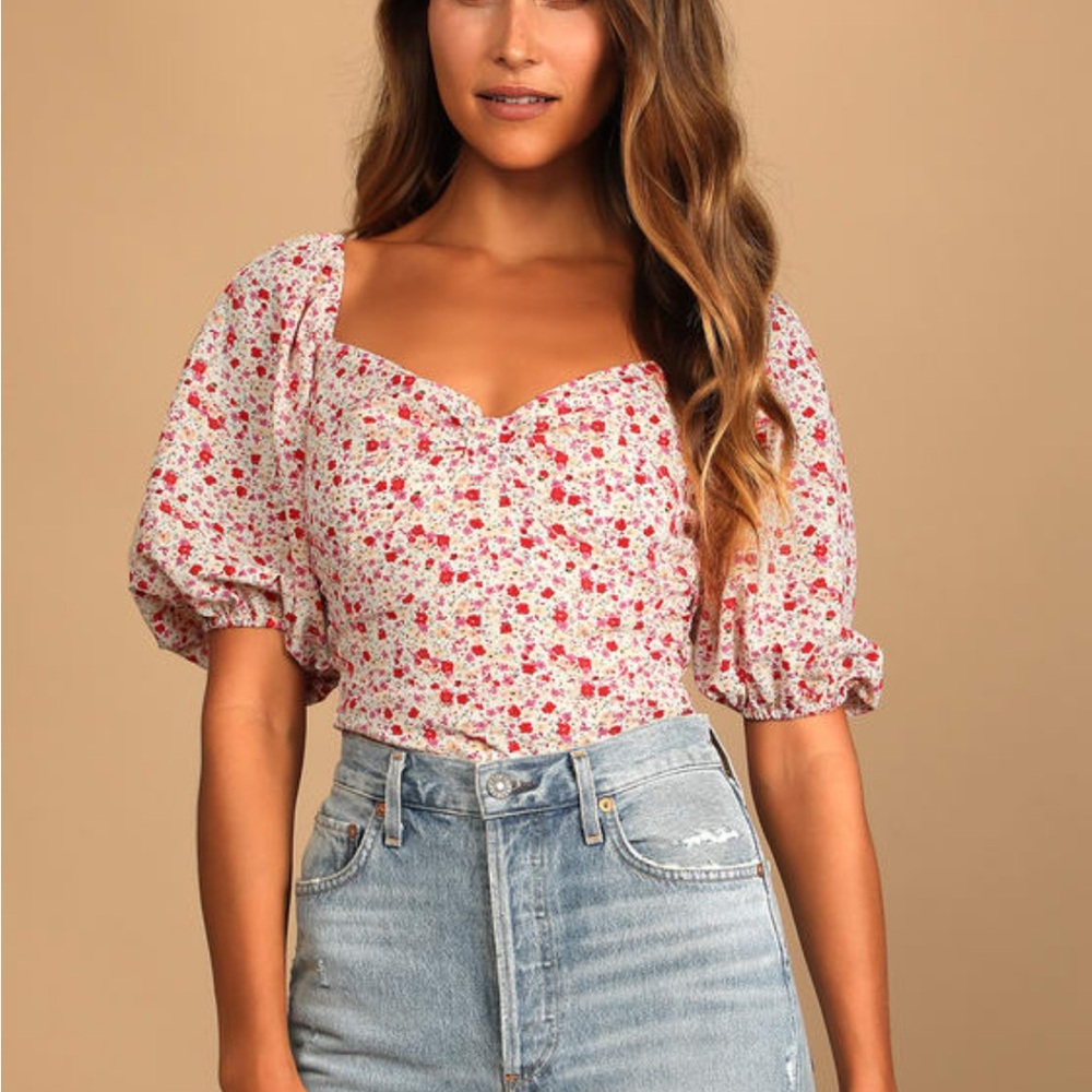 NWT Lulu’s Beautiful Hues Ivory Floral Print Puff Sleeve Ruched Bodysuit, XL